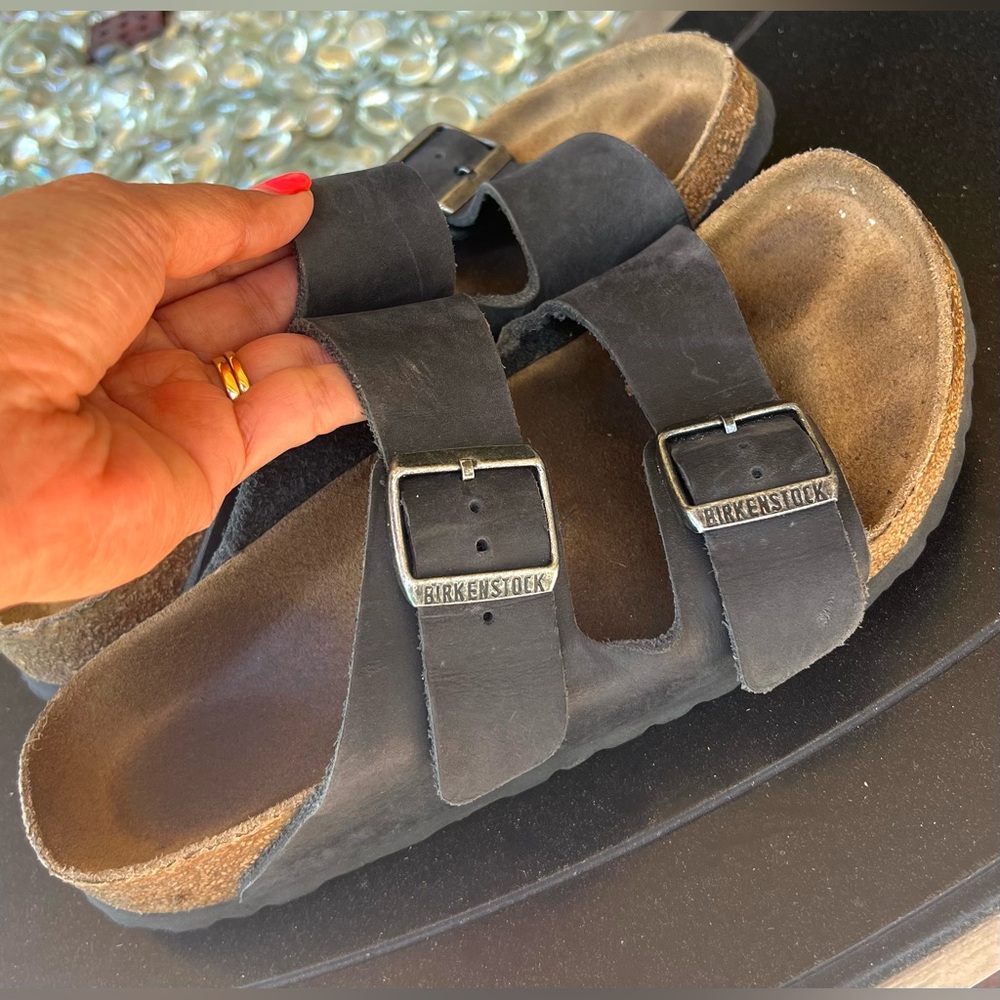 Birkenstock Arizona Black Leather Sandals Size 8 Double Strap Buckle Slides - Picture 9 of 10